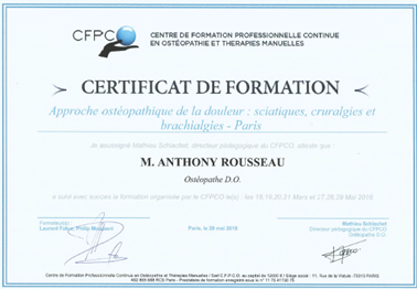 Certificat de formation CFPCO concernant la prise en charge en ostéopathie des névralgies cervico brachiales (NCB)