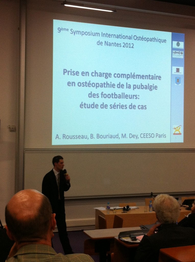 Présentation de mon étude en ostéopathie sur la pubalgie du footballeur au 9° Symposium International Ostéopathique de Nantes